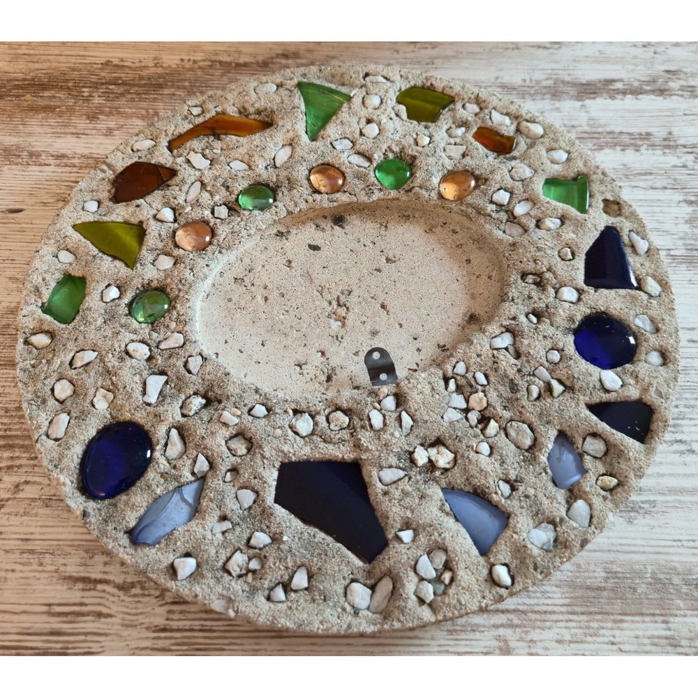 Vintage Handmade Concrete Mosaic Garden Stepping Stone Sea Glass Marble Folk Art